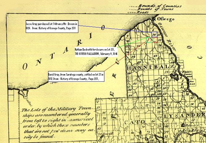 Military Land Grants map showing Lots 14, 20, and 21 where Gray and Beckwith families setteled in the early 1800s.